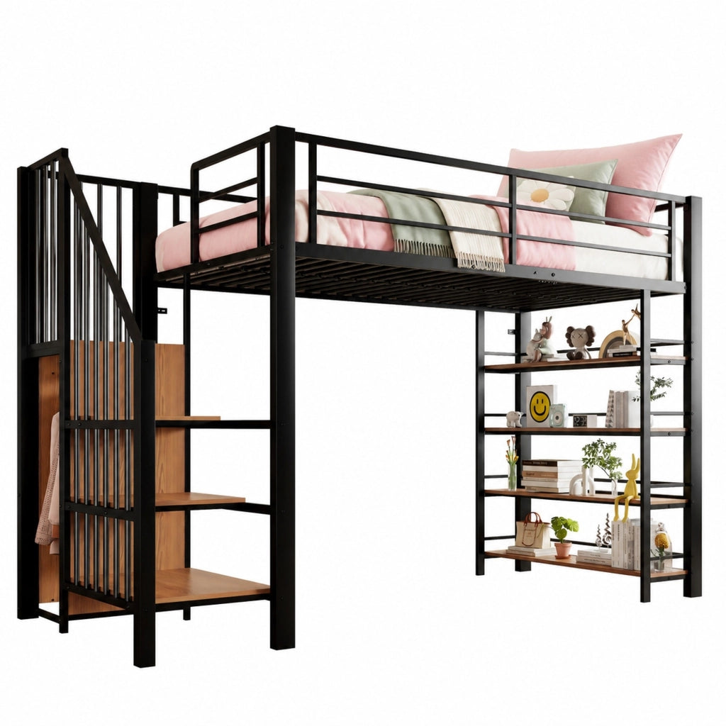 Letto a soppalco singolo 90 × 200 cm con scala contenitore guardaroba ripiani in metallo nero per bambini