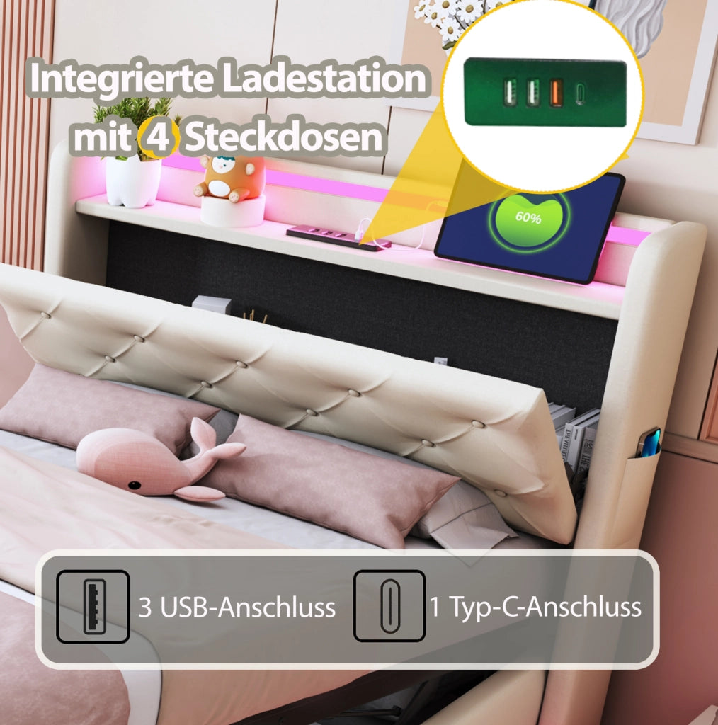 Letto imbottito 90x200 beige con LED, USB, vano contenitore e materasso