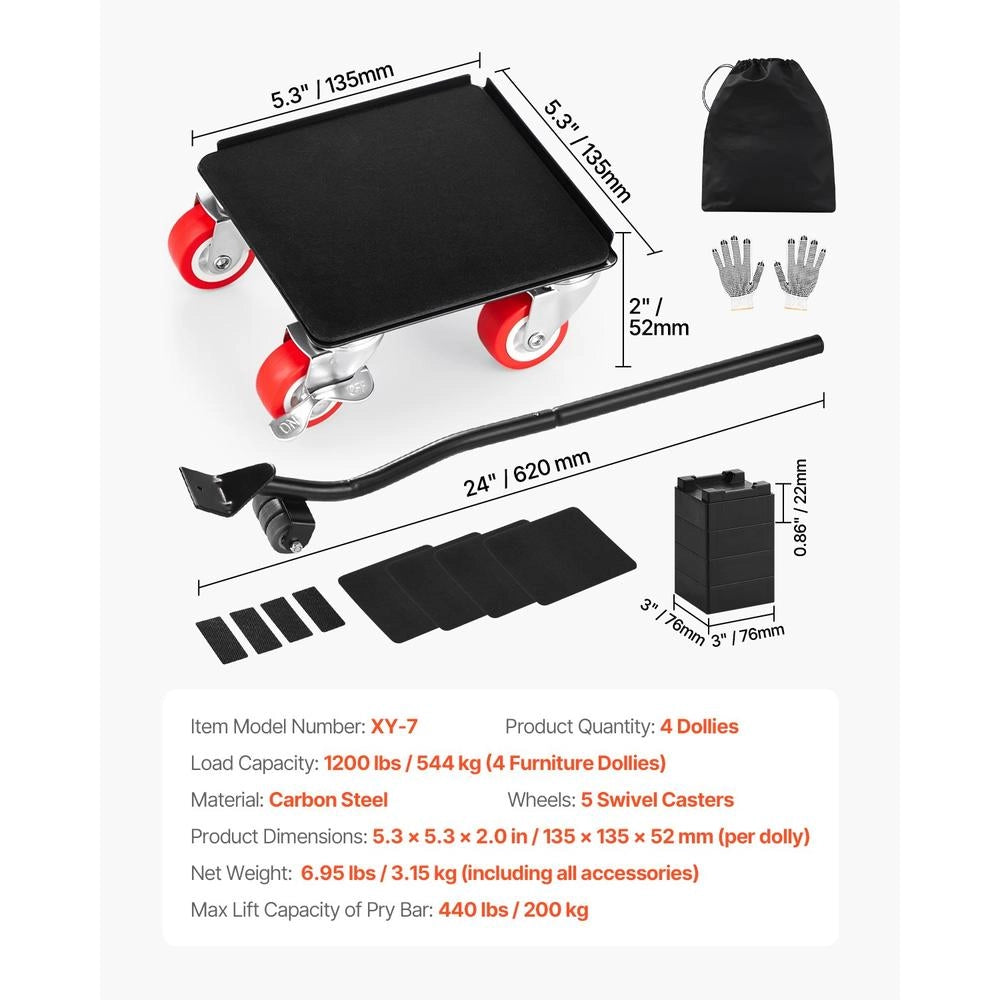 Set 4 Carrelli per Mobili XY-7 in Acciaio al Carbonio con 5 Ruote Girevoli a 360 Gradi Trasportatore Carico 544 kg per Fai da Te