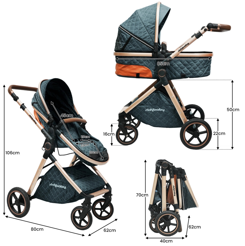 Passeggino 2 in 1 con navicella reversibile, blu antico