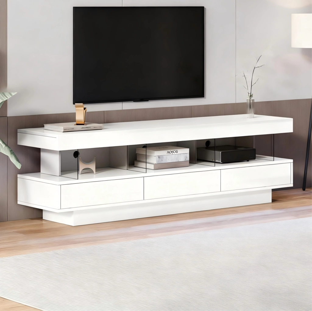 Mobile TV bianco lucido 160x38x50,5 cm con 3 mensole in vetro, illuminazione LED, controllo app e Bluetooth per TV fino a 70"
