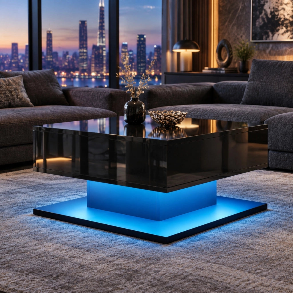 Tavolino da caffè 72x72x35 cm con piano sollevabile; LED app e 2 cassetti in MDF nero