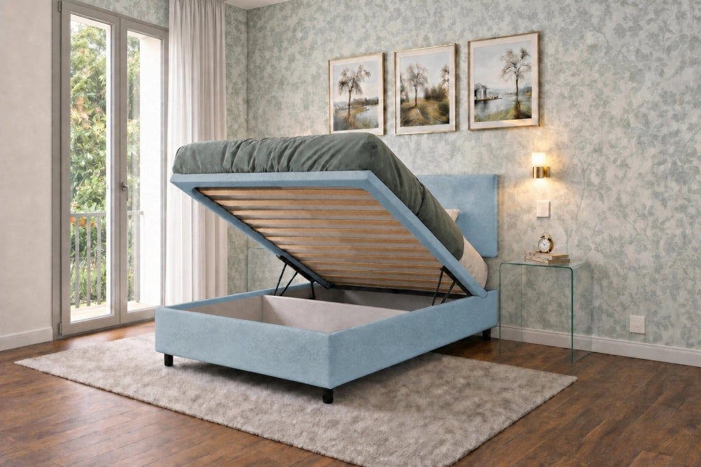 Letto Singolo Contenitore Imbottito 80x190 cm Microfibra Azzurro BoxMax Testata Flat