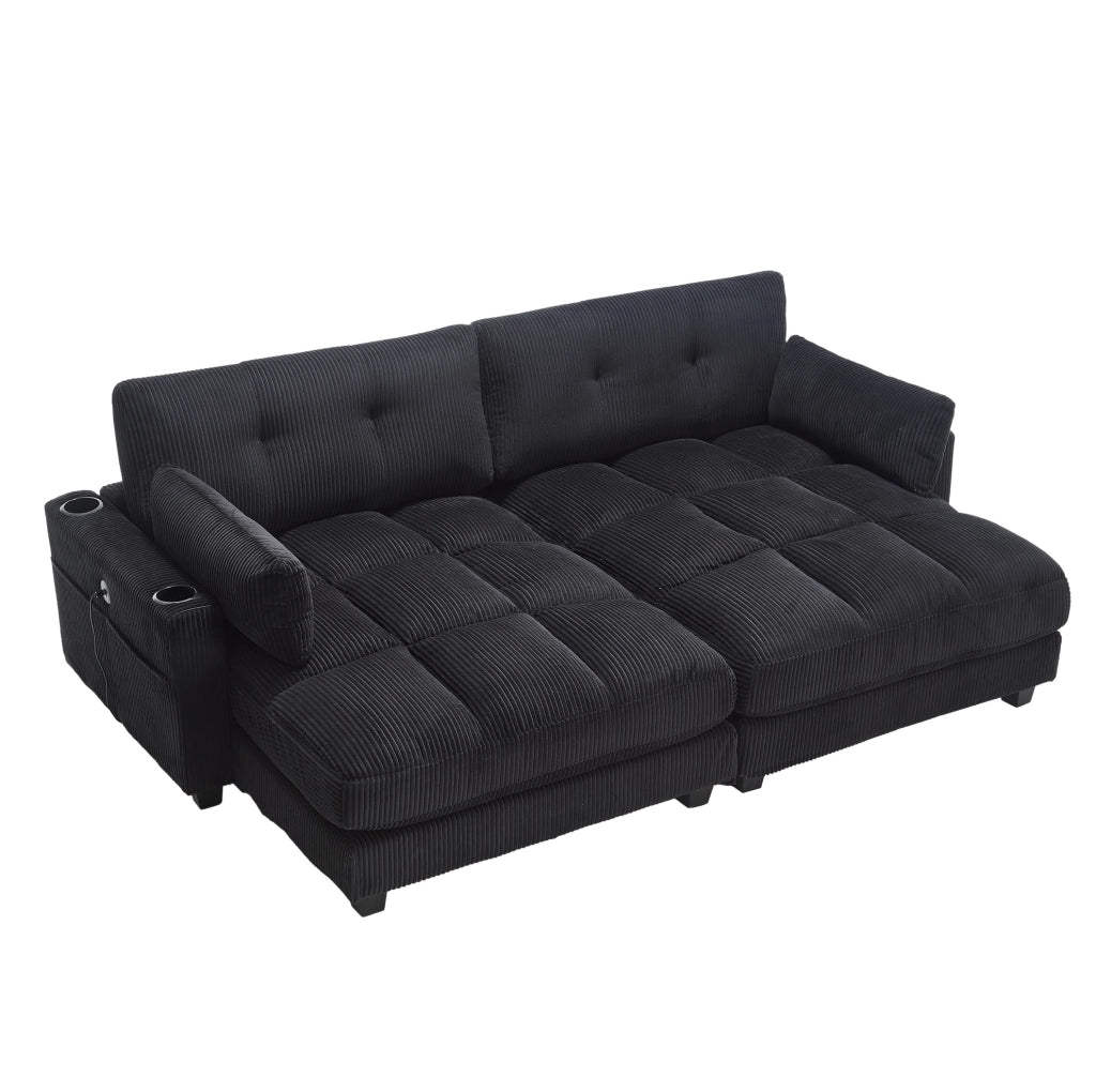 Divano 2 posti 224x140x81 cm in corduroy nero, modulare con USB e portabicchieri