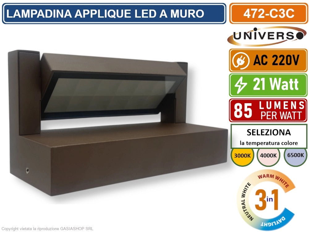 UNIVERSO 472-C3C LAMPADA APPLIQUE LED DA MURO RUOTABILE 21W SMD  CCT 3IN1 CAMBIA COLORE IP65 DA ESTERNO
