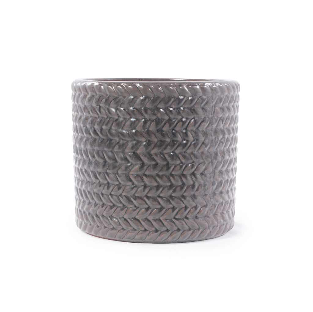 Vaso in ceramica grigio lucido Ø 24,5 cm con rilievo e foro di drenaggio