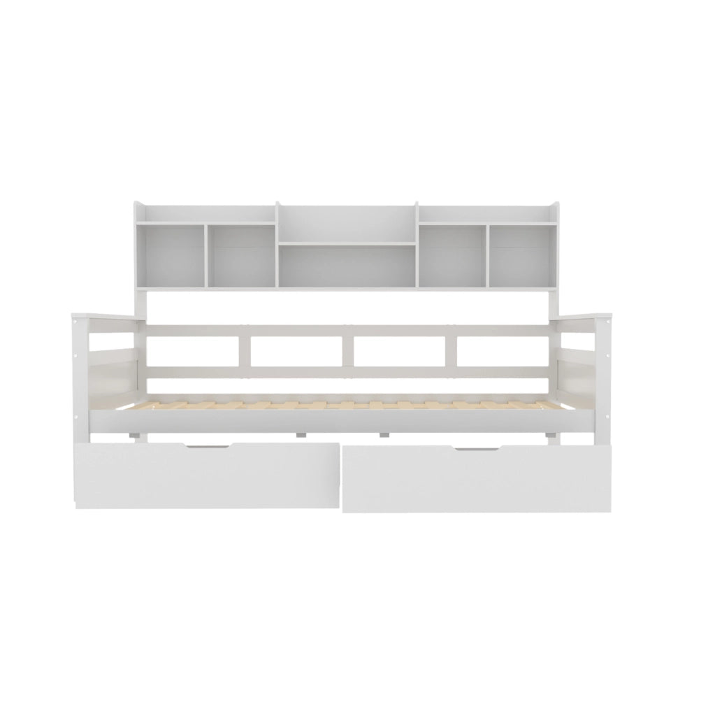 Letto singolo 90x200 cm con cassetti e ripiani laterali in legno; bianco