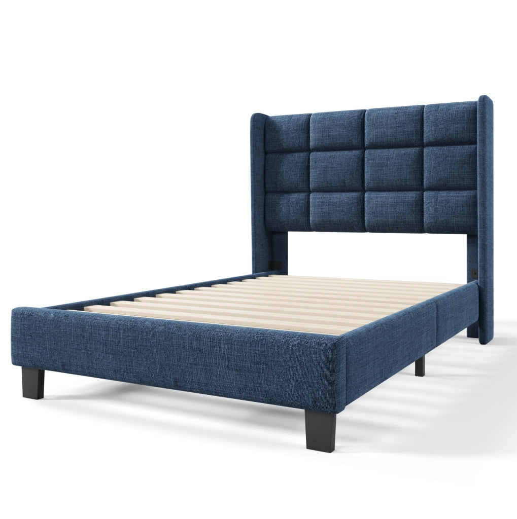 Letto Singolo Moderno con Testiera Imbottita, Rete a Doghe 90x200 cm, Tessuto Blu Lino, Montaggio Incluso, Senza Materasso