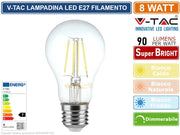 V-TAC VT-2288D LAMPADINA LED E27 8W BULB A60 GOCCIA FILAMENT DIMMERABILE VETRO TRASPARENTE - SKU 212815