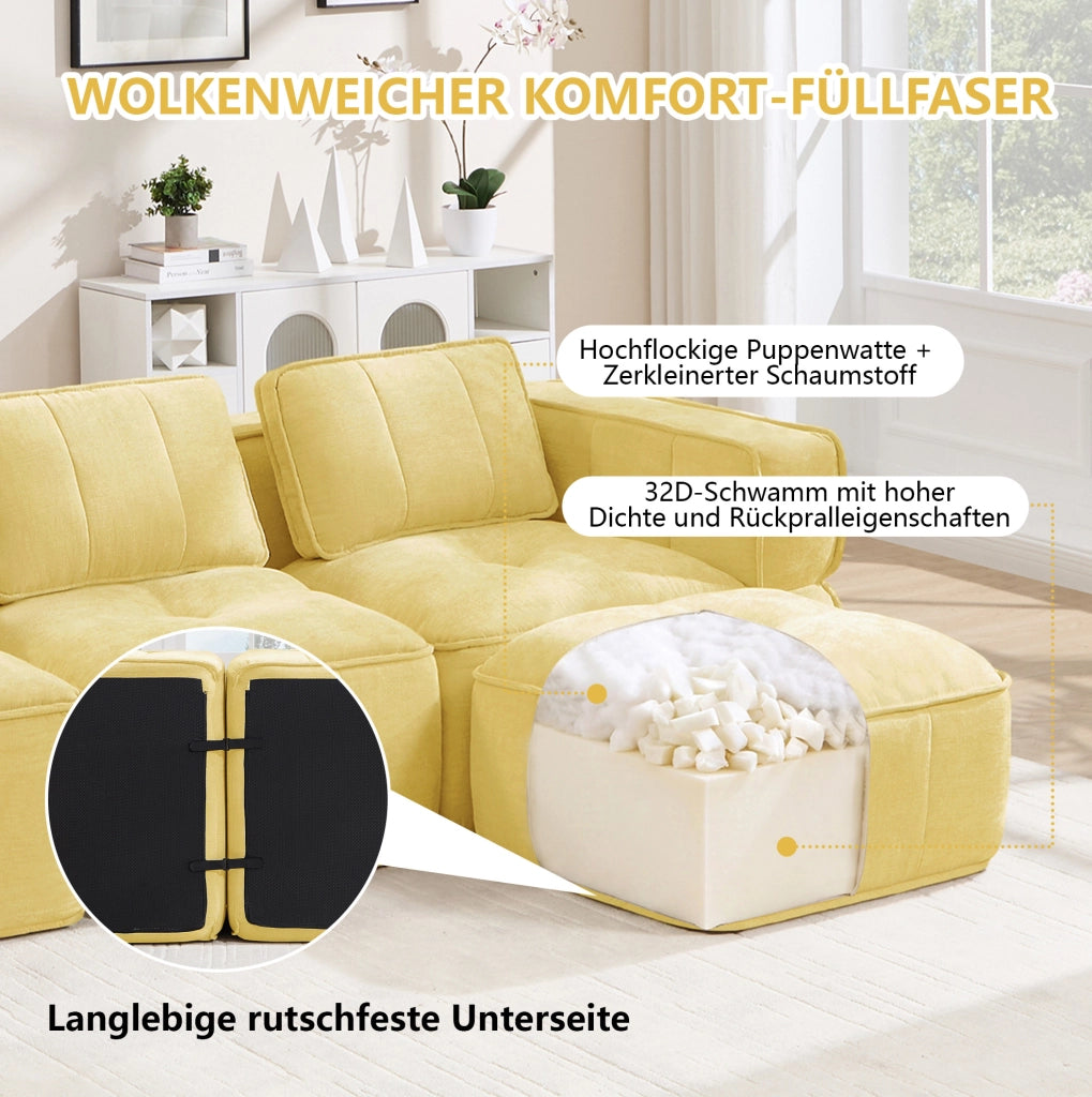 Divano modulare giallo a due posti con pouf in poliestere