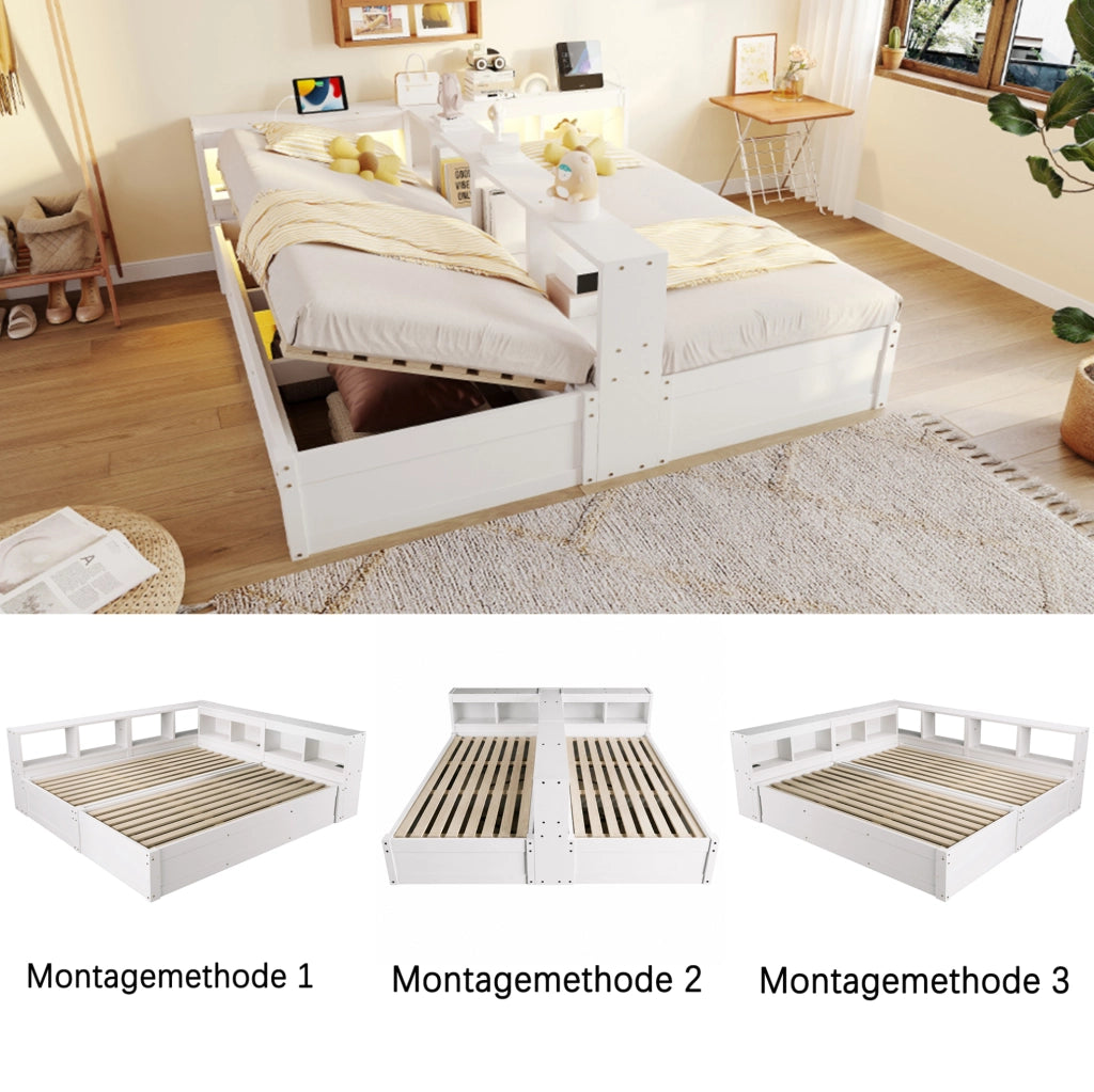 Divano letto multifunzionale 90/180 × 200 cm in legno massello con LED, prese multiple e contenitori, bianco