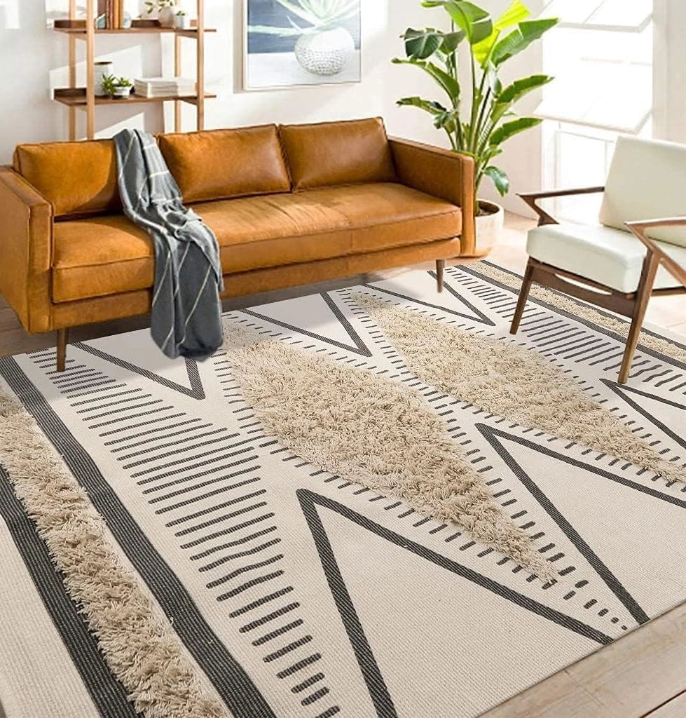 Tappeto tuftato in cotone, lavabile con nappe, design shag geometrico, stile boho per soggiorno/camera da letto (beige, 120 x 180 cm)