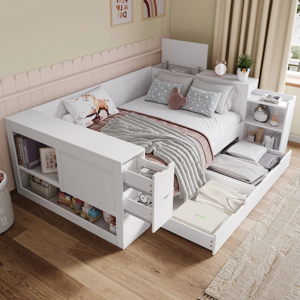 Struttura letto multifunzione 140 × 200 cm con rete a doghe in MDF bianco con cassetti armadi e comodino
