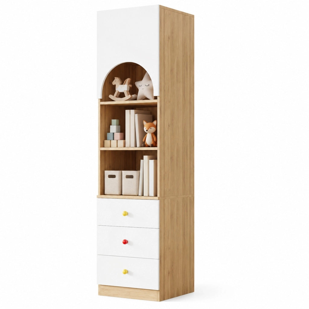 Libreria con anta e tre cassetti, bianca ed effetto legno, 50 × 50 × 200 cm