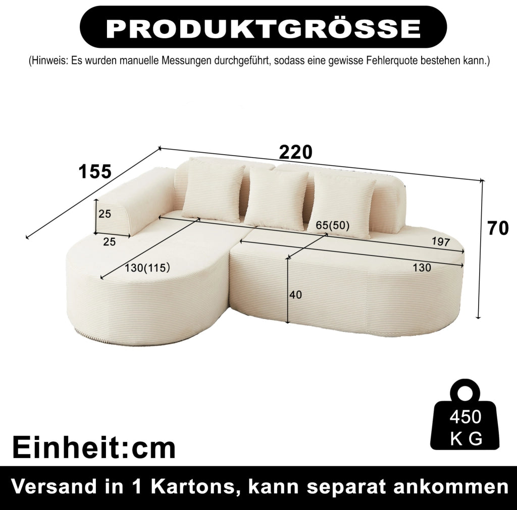 Divano modulare a L beige in velluto a coste con forme curve