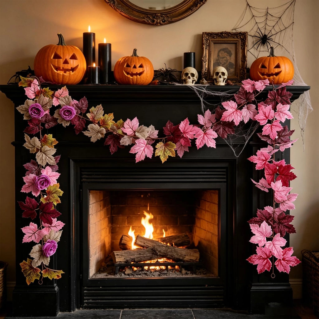 Set di 2 ghirlande autunnali, realizzate con foglie artificiali, lunghezza 100 cm, colore rosa