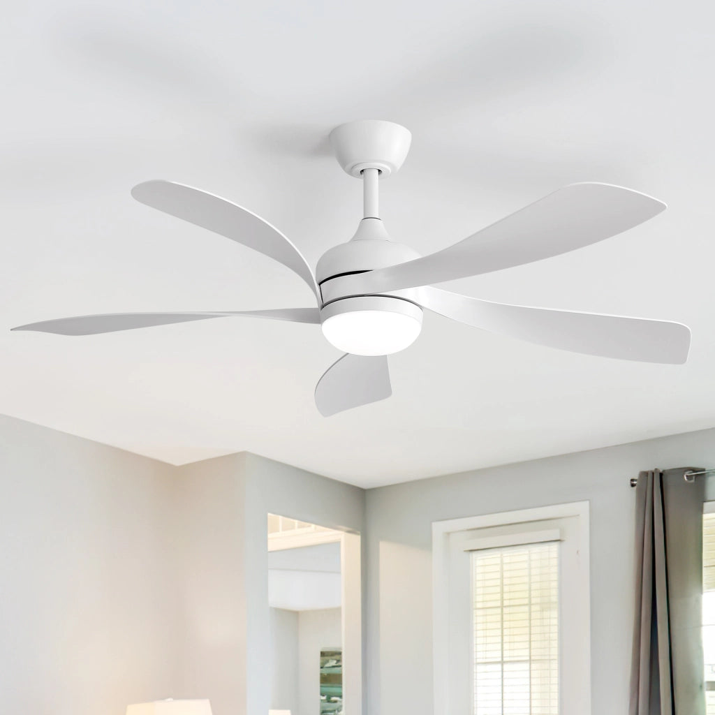 Ventilatore da soffitto da 42 pollici con luce LED dimmerabile; motore DC silenzioso e telecomando bianco