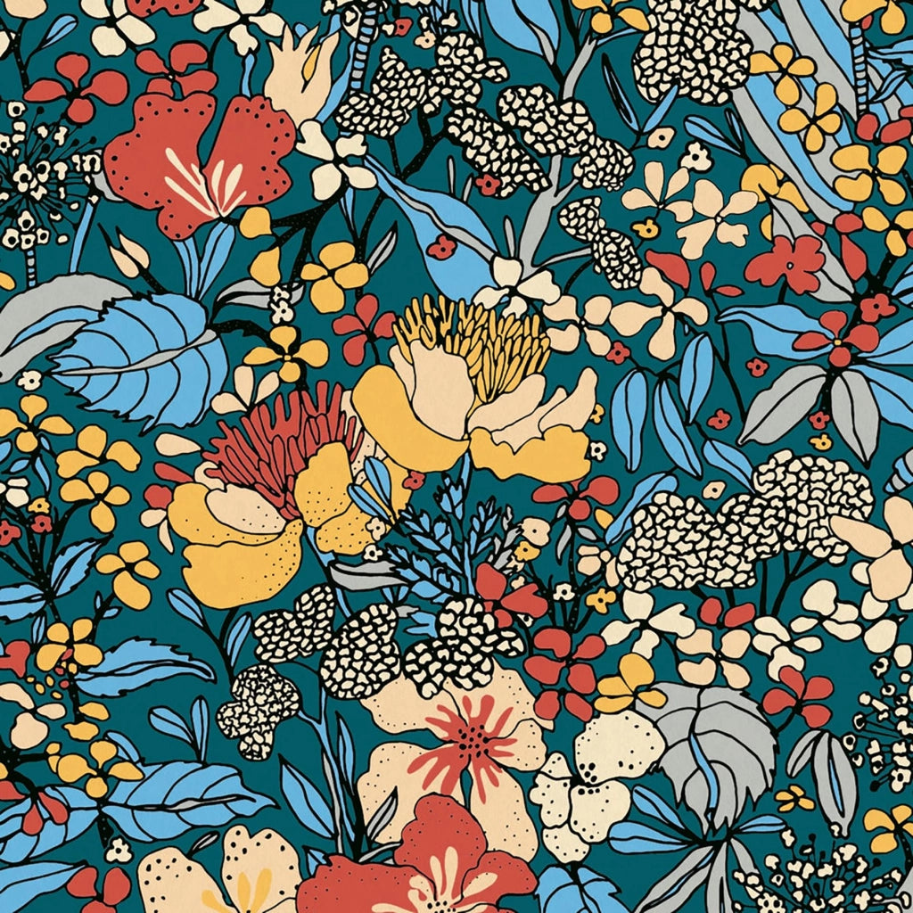Tappezzeria in tessuto non tessuto Floral Impression, 10,05 m x 0,53 m, multicolore, blu, arancione, certificata FSC Mix, marchio di qualità RAL 479