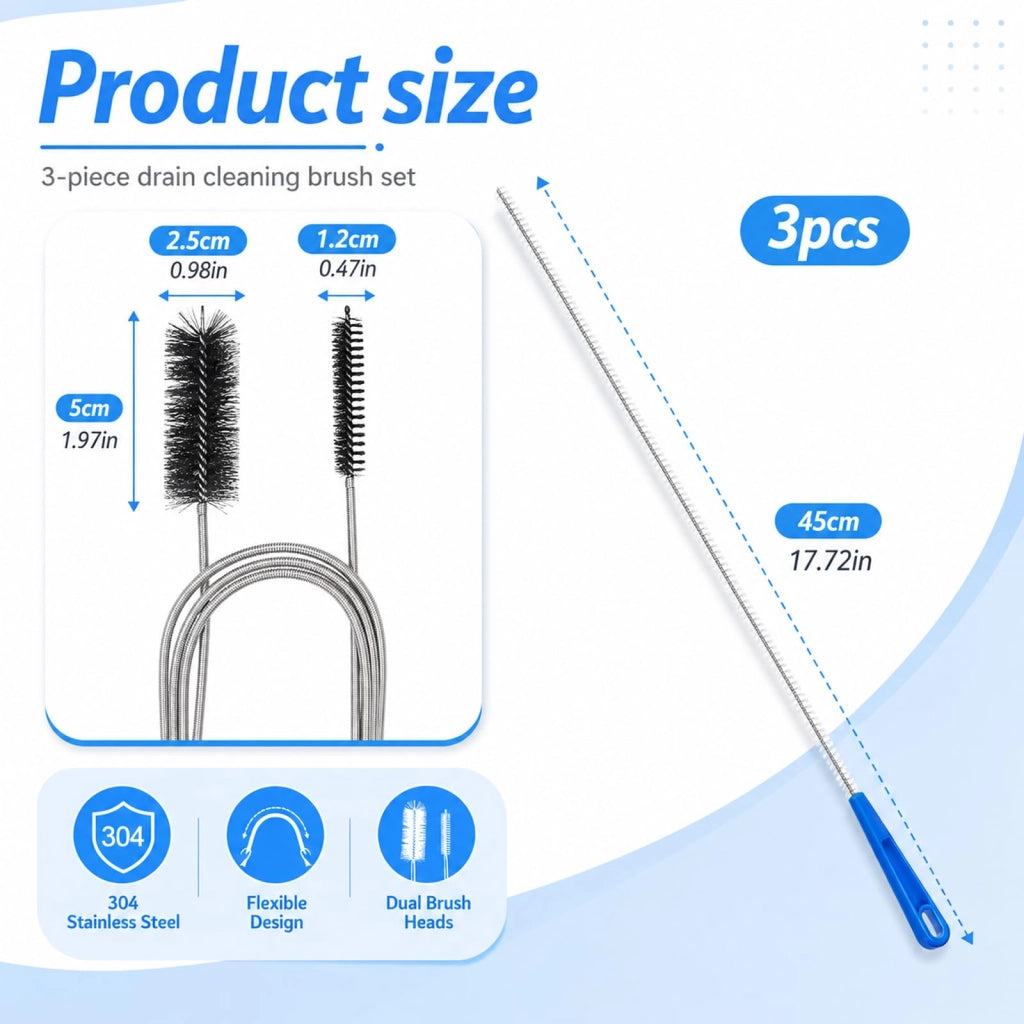 Kit per la pulizia dei tubi di scarico, composto da: spazzola per tubi a doppia testa, spirale