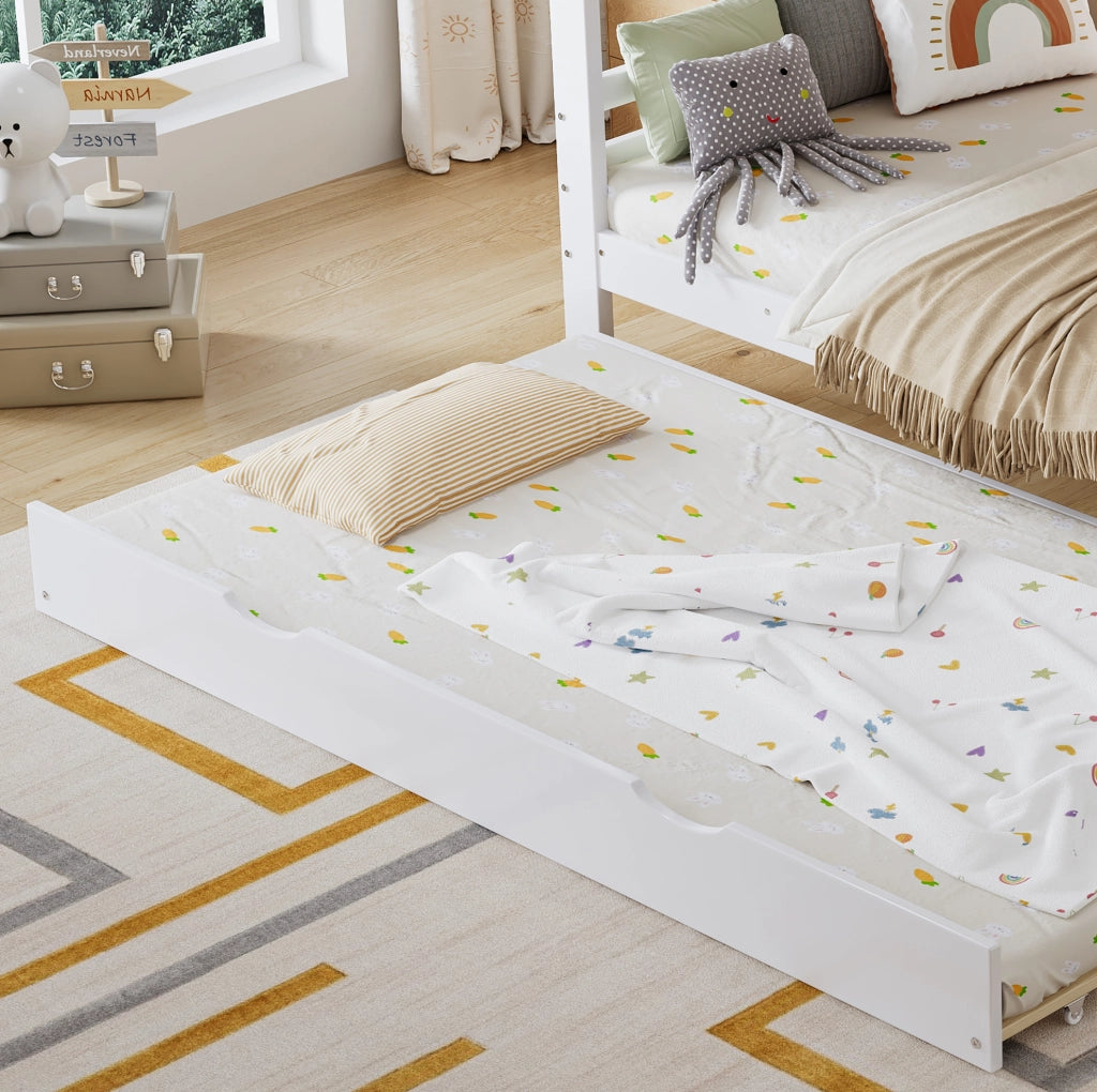 Letto a castello per bambini con letto estraibile; scaffale da 2 metri e scala; bianco; 90x200 cm