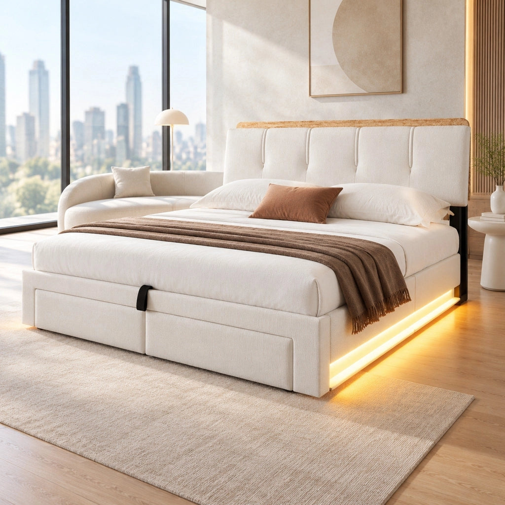 Letto contenitore imbottito 140x200 beige in lino con LED e USB-C, materasso incluso