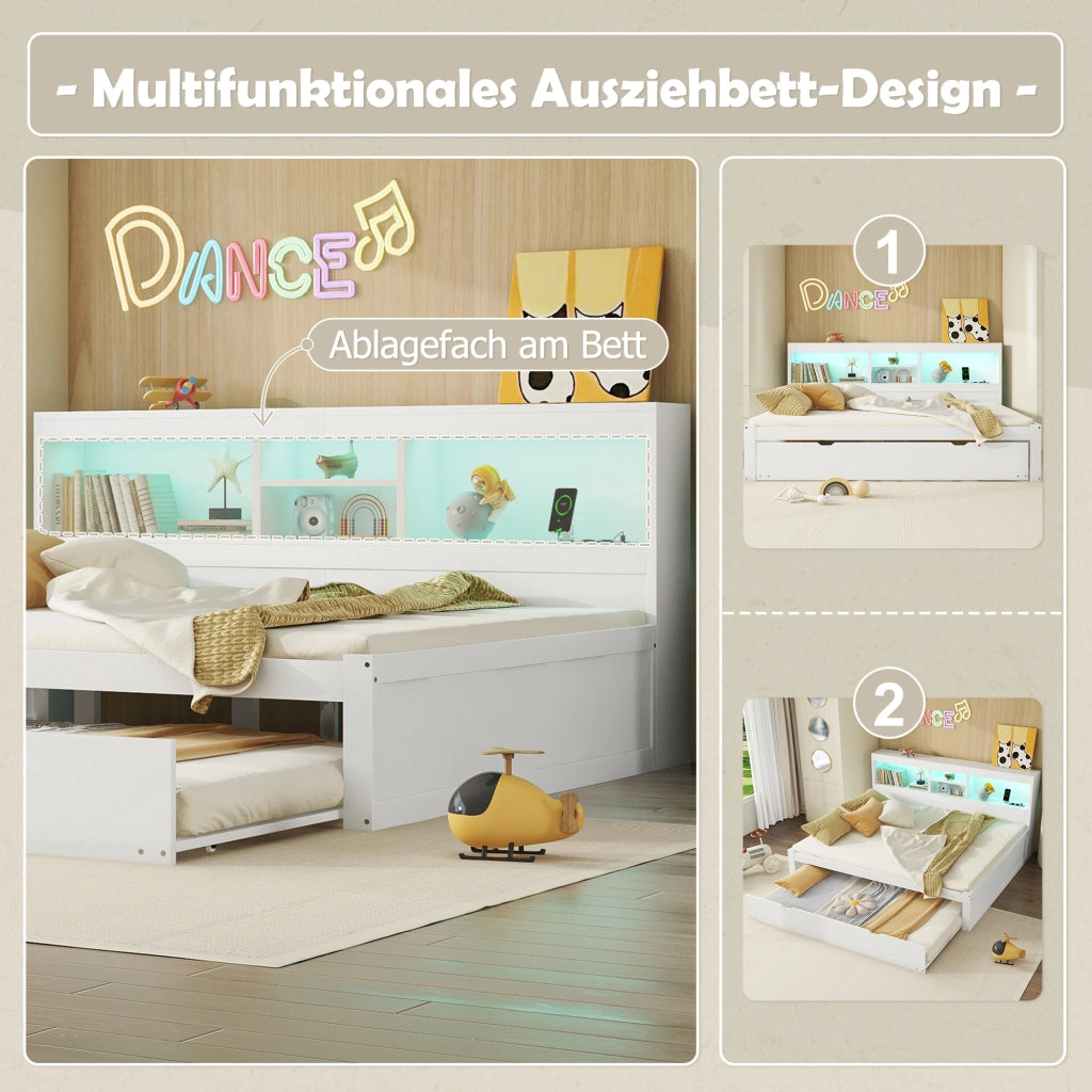 Letto con letto estraibile 140 × 200 cm con LED telecomandato prese USB vano laterale bianco