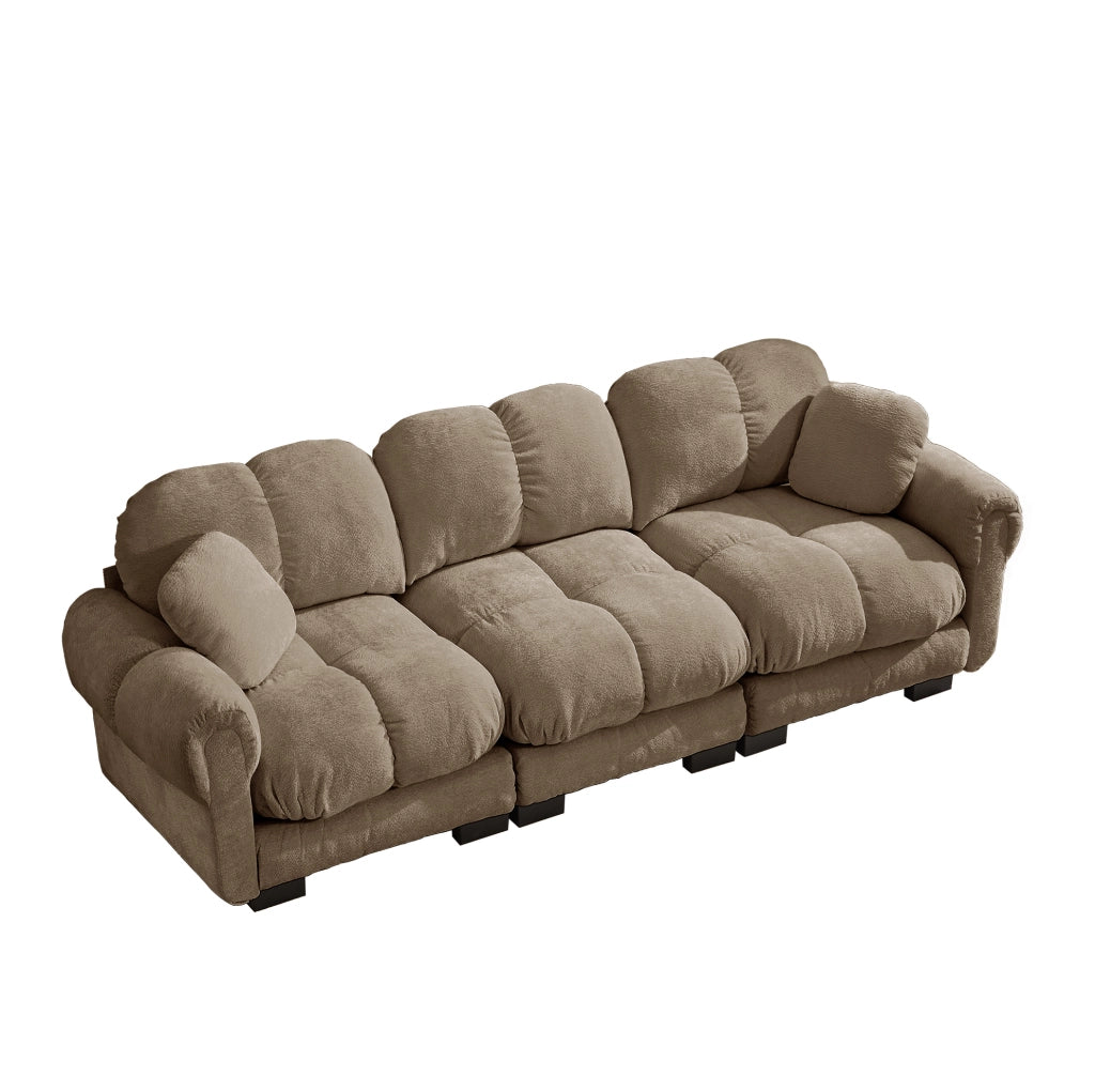 Divano 3 posti 260x86x90 cm in ciniglia marrone modulare con 2 cuscini déco