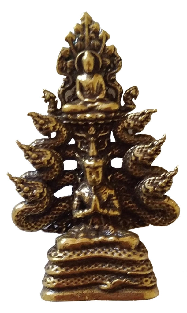 Piccola statuetta in ottone raffigurante un drago e un Buddha, dimensioni 1,2x2,5x3,7 cm, color oro