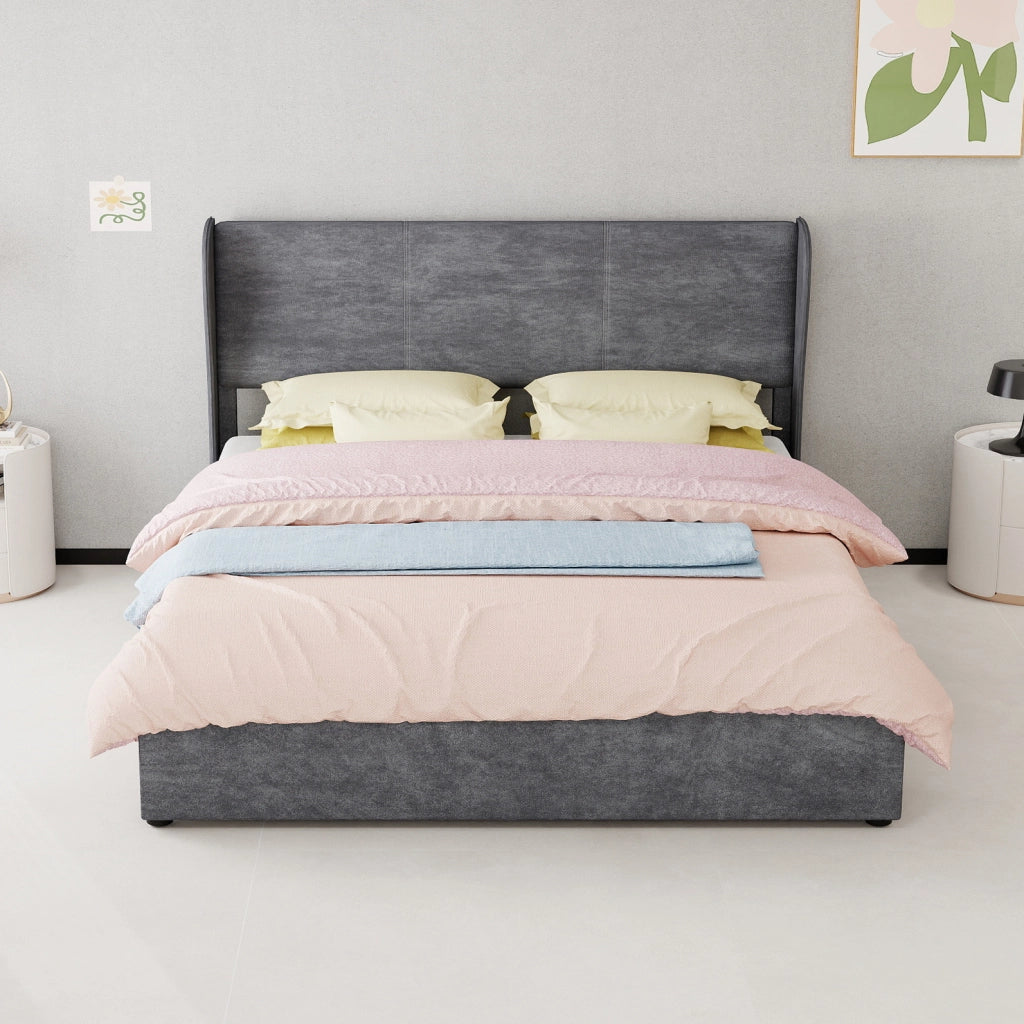 Letto matrimoniale IVMEU 160x200 cm con testiera imbottita in velluto grigio e struttura in metallo per camera da letto