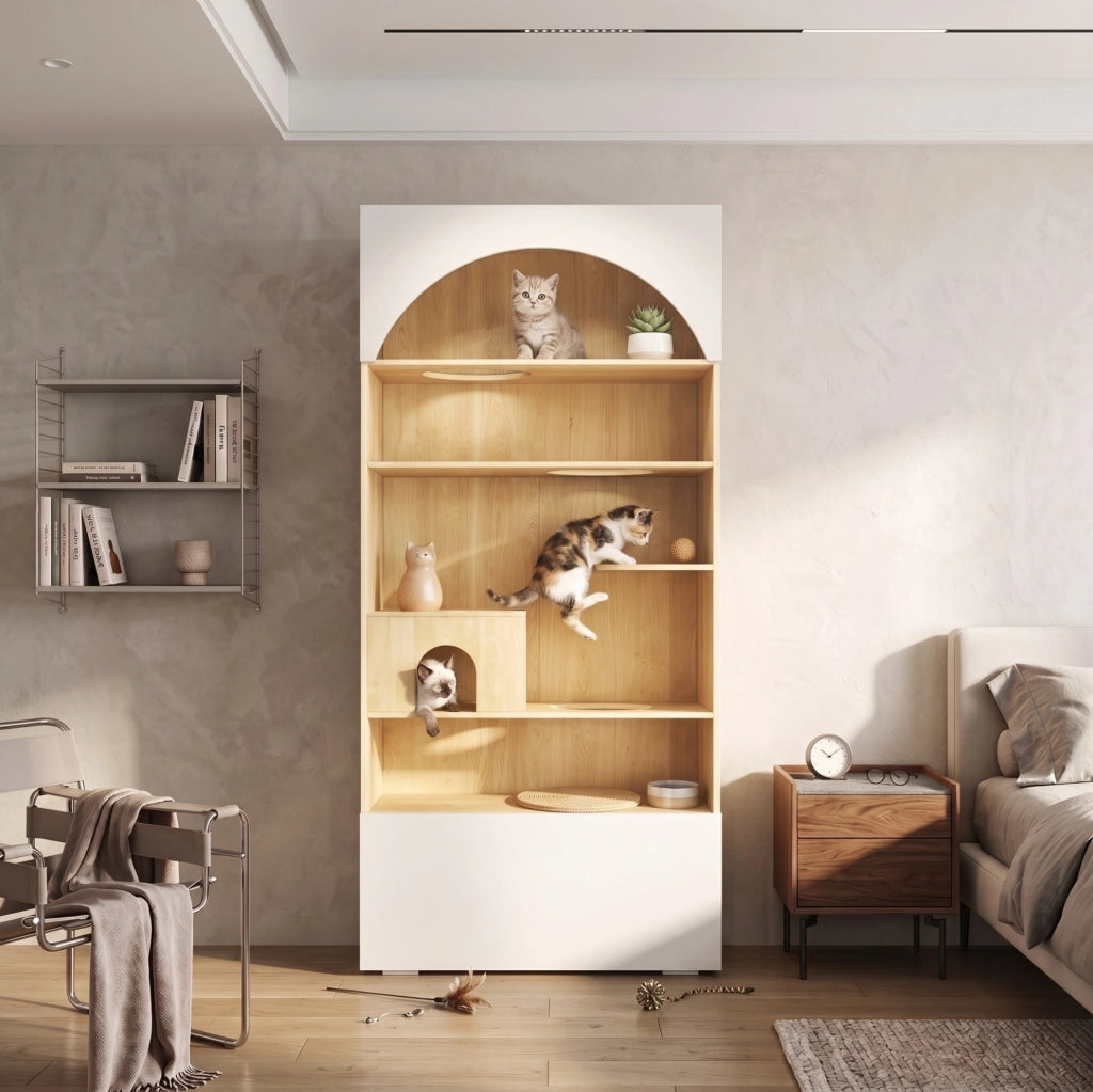 Mobile per gatti con piattaforme, tana e vani contenitori, 90 x 50 x 200 cm