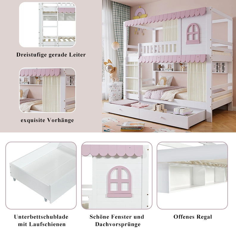 Letto a castello per bambini 90x200 cm con cassetti e ripiani in pino e MDF bianco e rosa