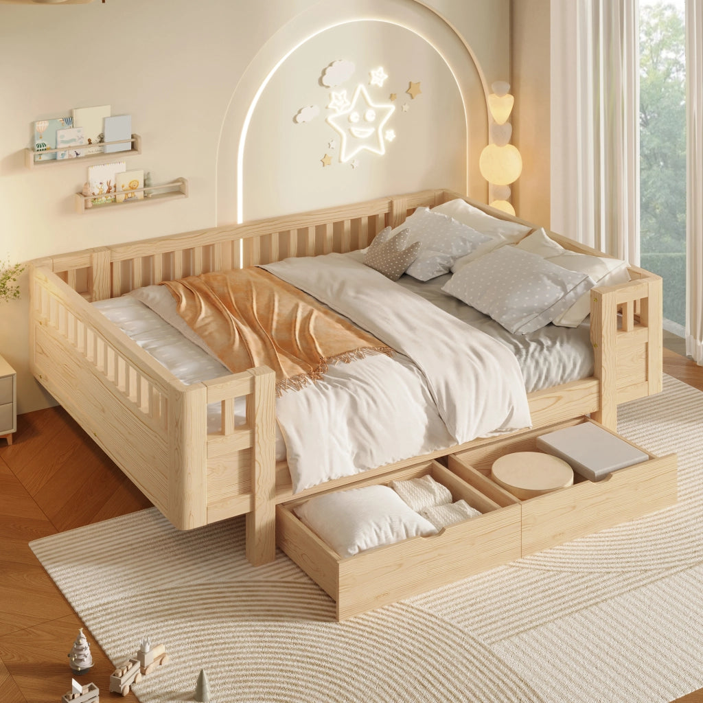 Letto per bambini 140x200 cm con sponde alte e 2 cassetti; struttura in pino e MDF; colore legno chiaro