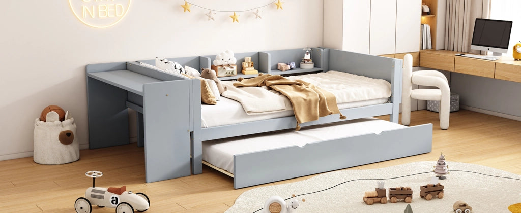 Letto singolo 90x200 cm in pino e MDF con letto estraibile, scrivania integrata e tre scaffali laterali grigio