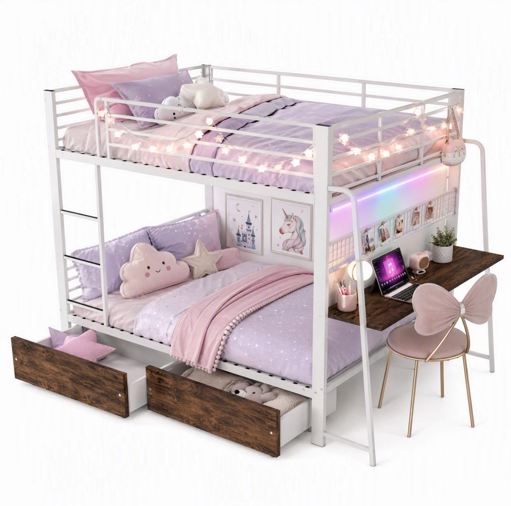 Letto a soppalco 140 x 200 cm con scrivania, cassetti e illuminazione LED, bianco opaco e noce