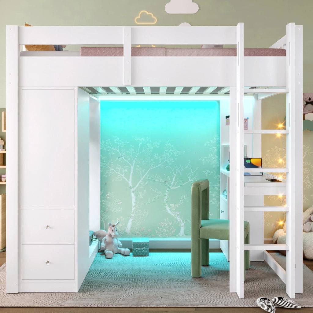 Letto a soppalco 90x200 cm con scrivania; 4 cassetti; LED e USB; in pino e MDF bianco