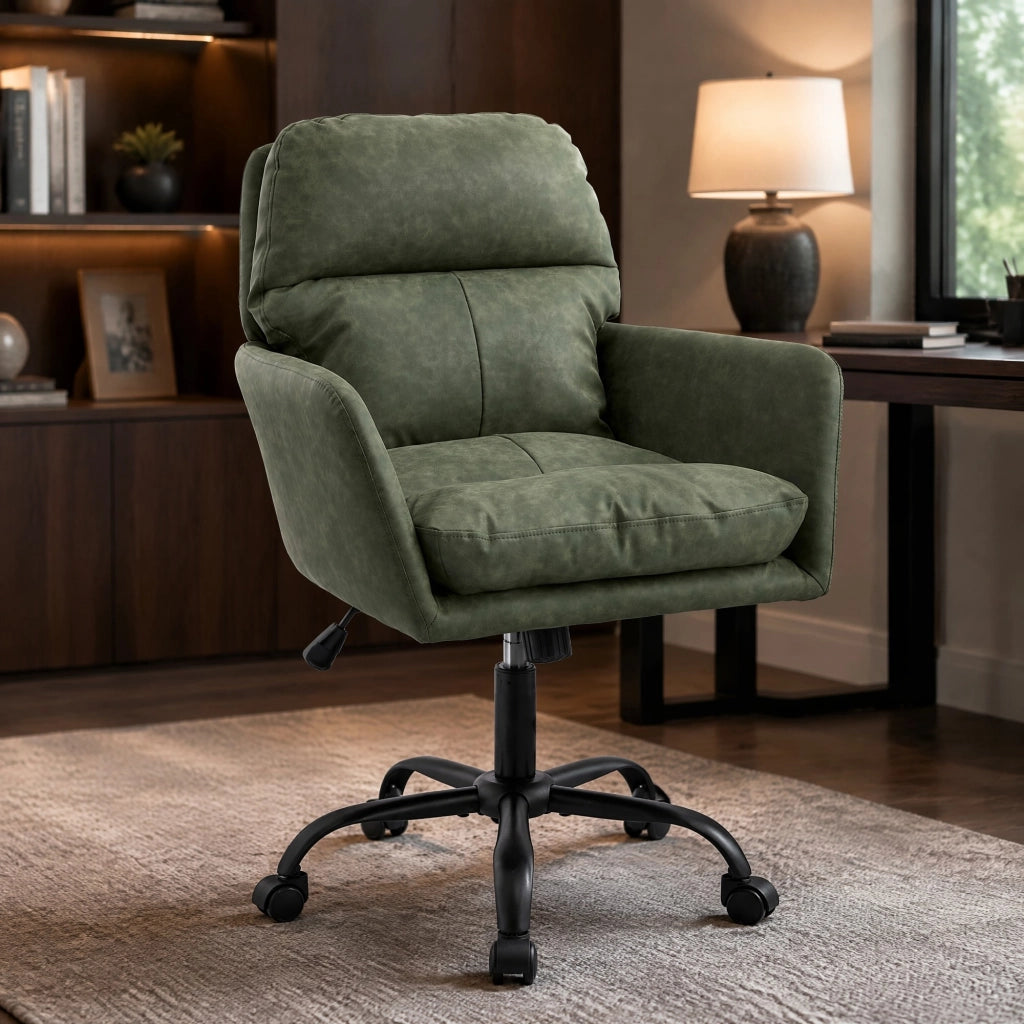 Sedia da ufficio in similpelle PU verde con struttura in metallo e seduta imbottita