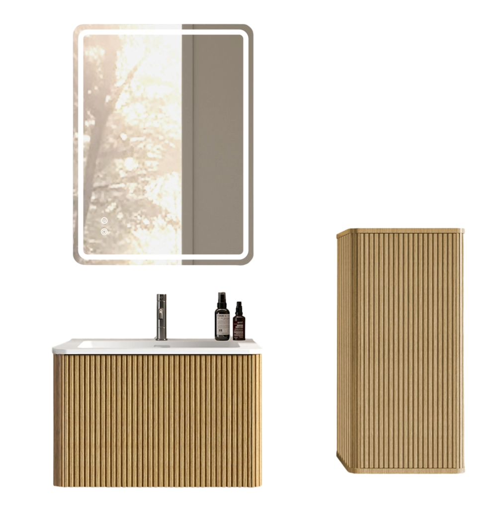Mobile bagno 60 cm con specchio LED, lavabo e colonna, finitura quercia