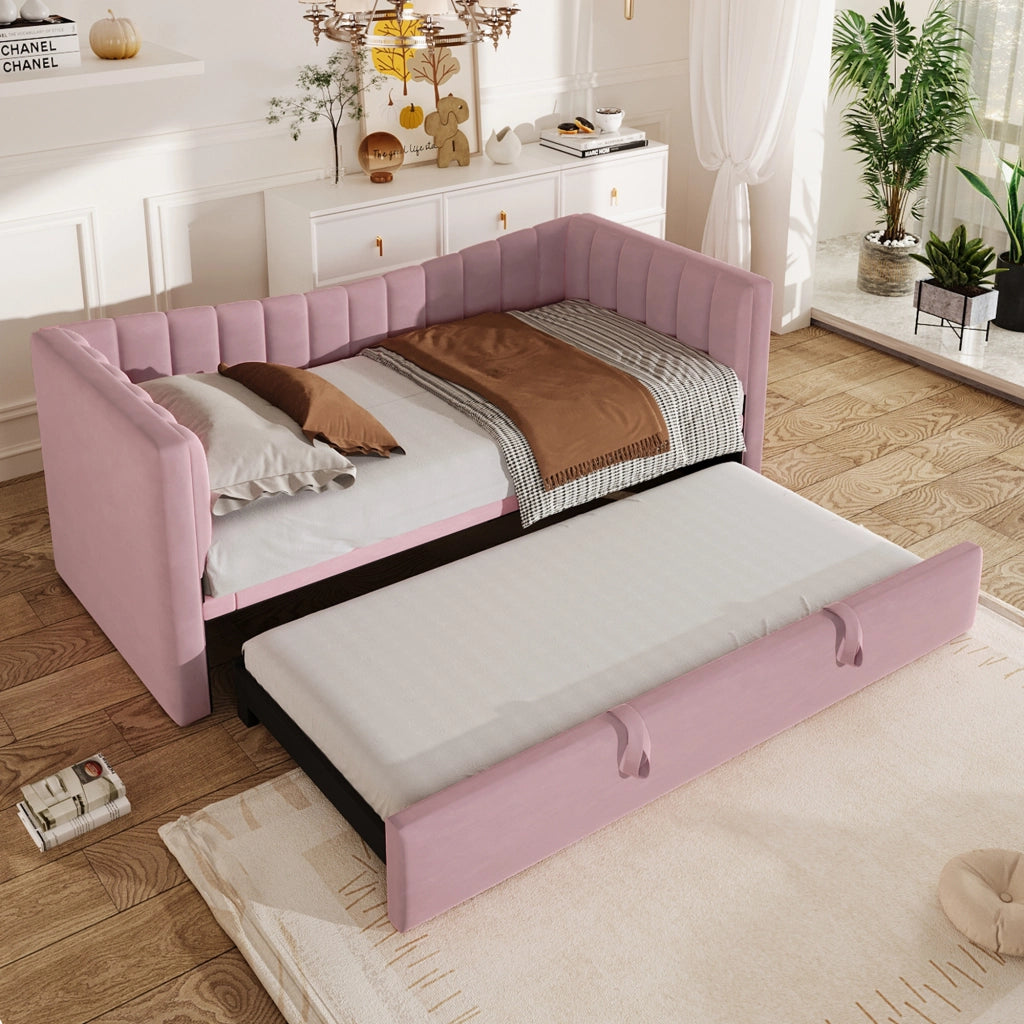 Divano letto 90 × 200 cm con letto estraibile rialzabile in velluto rosa e struttura in MDF