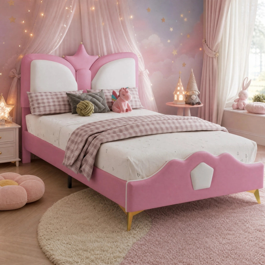 Letto singolo imbottito per bambini 90x200 cm con testiera a corona in PU rosa e bianco