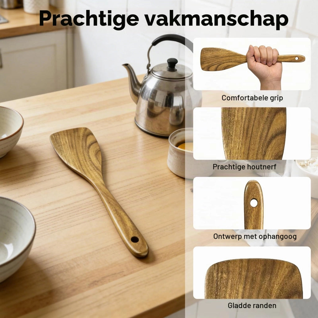 Set di 5 utensili da cucina in legno, realizzati in legno di acacia, composto da spatola e cucchiai
