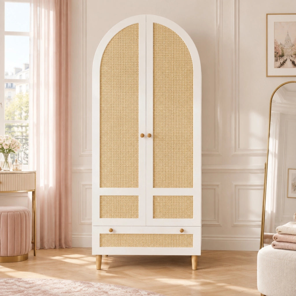 Armadio bianco 80 x 50 x 180 cm con ante in rattan, appendiabiti e cassetto