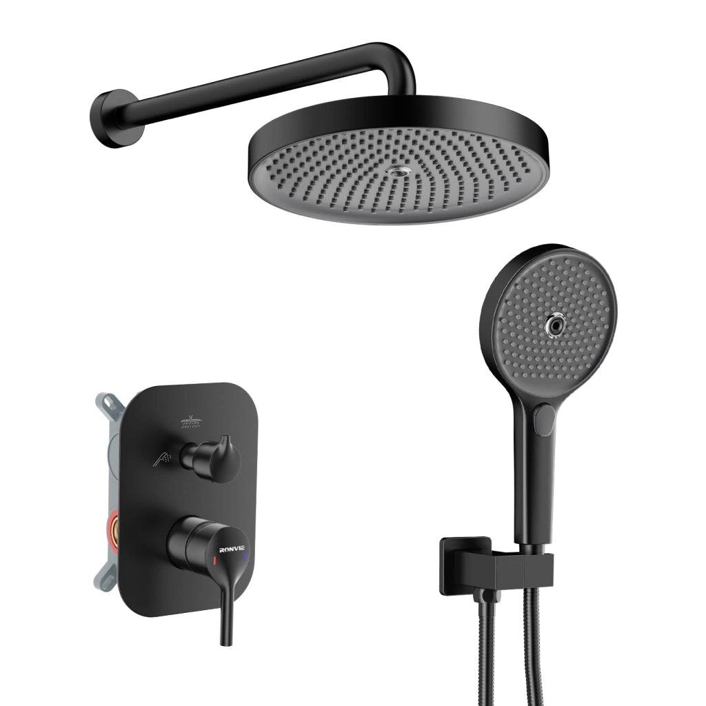 Set doccia da incasso, 25,4 cm, rotondo, con doccia a pioggia, set doccia, sistema da incasso, set completo con soffione, nero opaco