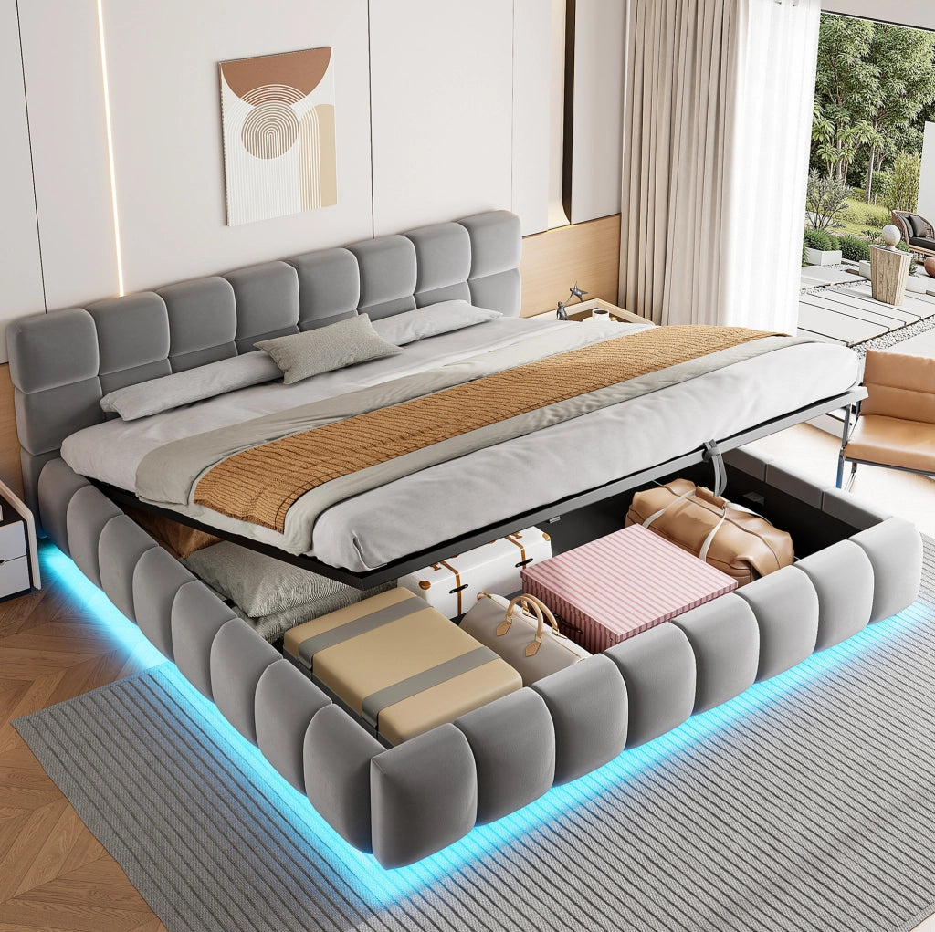 Letto imbottito 180x200 cm con illuminazione LED, contenitore idraulico e testiera in velluto grigio