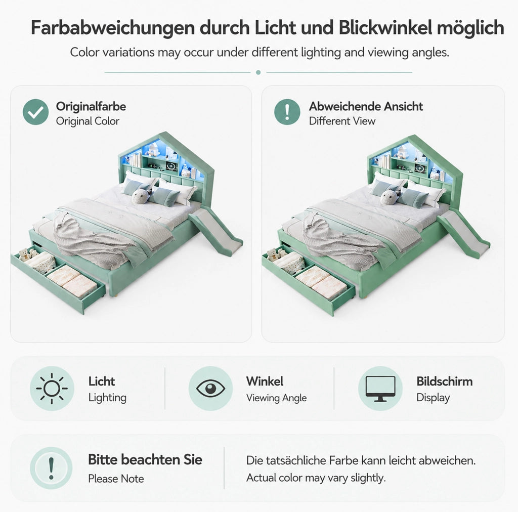 Letto per bambini 140 x 200 cm in velluto blu e verde con scivolo e contenitore