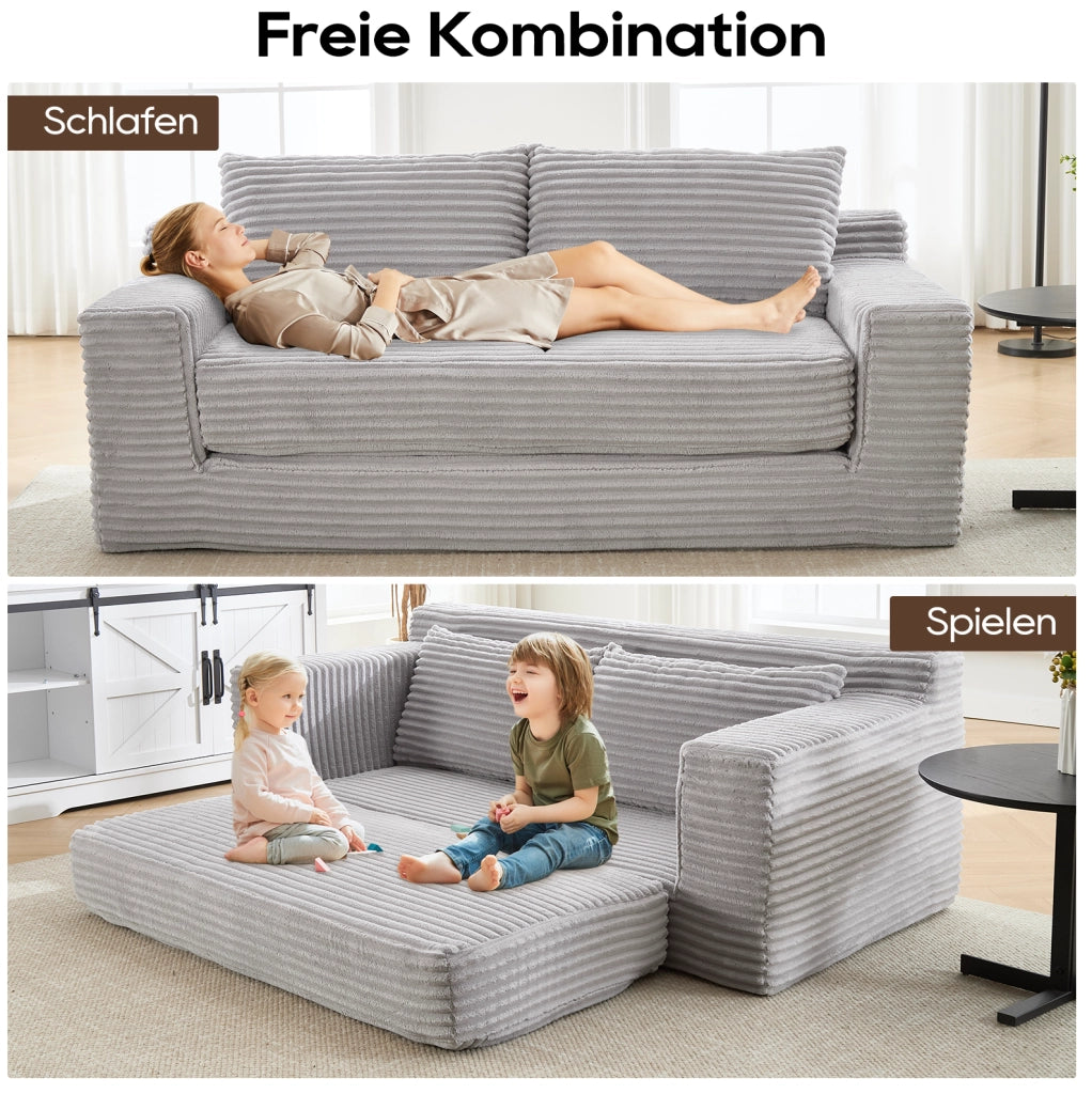Divano letto trasformabile 2 in 1 in velluto a coste grigio chiaro