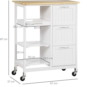 Carrello da cucina IVMEU bianco 67x37x84 cm con 3 cassetti, 2 ripiani aperti, vassoio estraibile e ruote