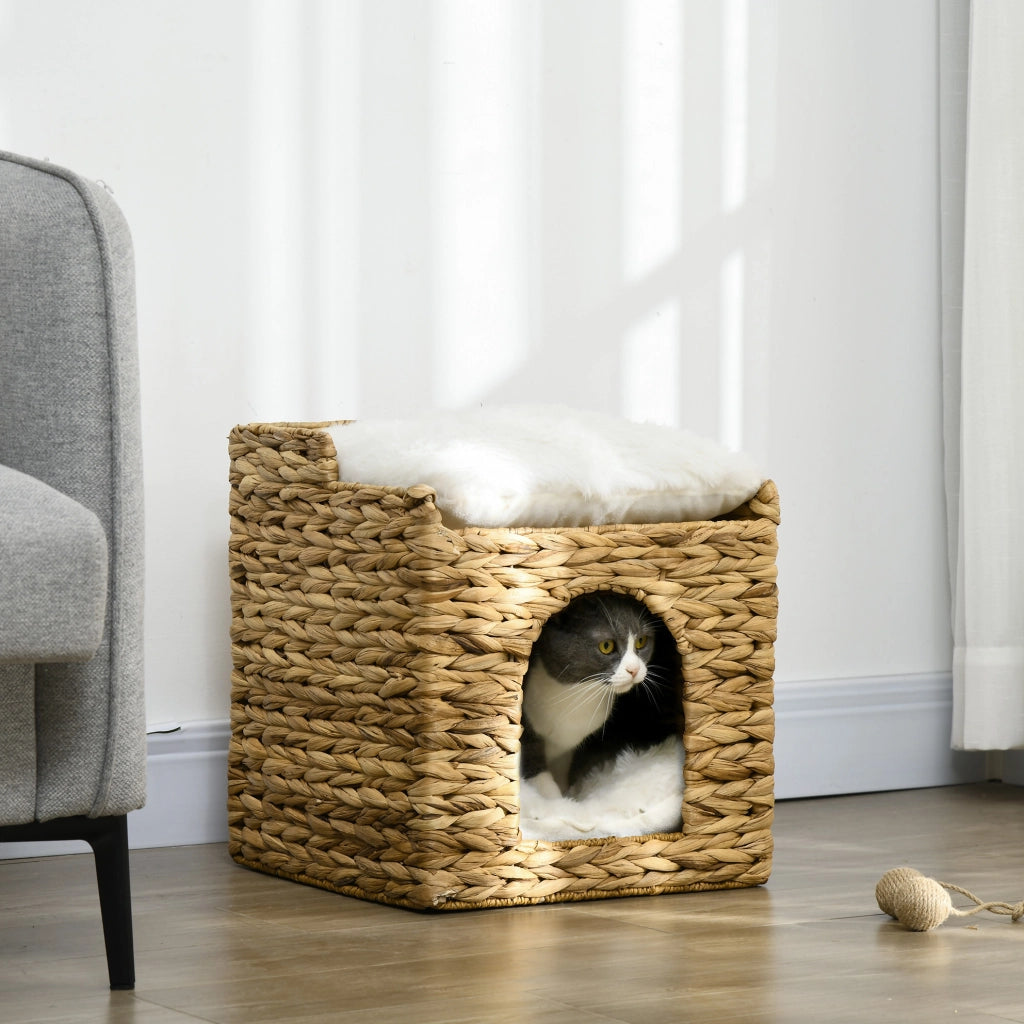 Cuccia per gatti in rattan 37,5 x 37,5 x 41,5 cm marrone, 2 livelli con cuscini