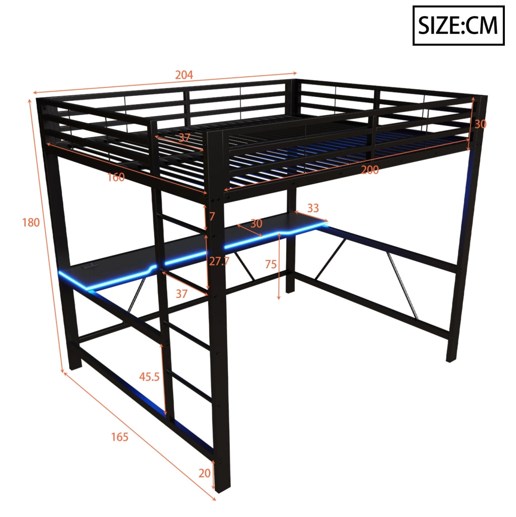Letto a castello gaming 160x200 in metallo nero con scrivania, illuminazione LED e presa USB