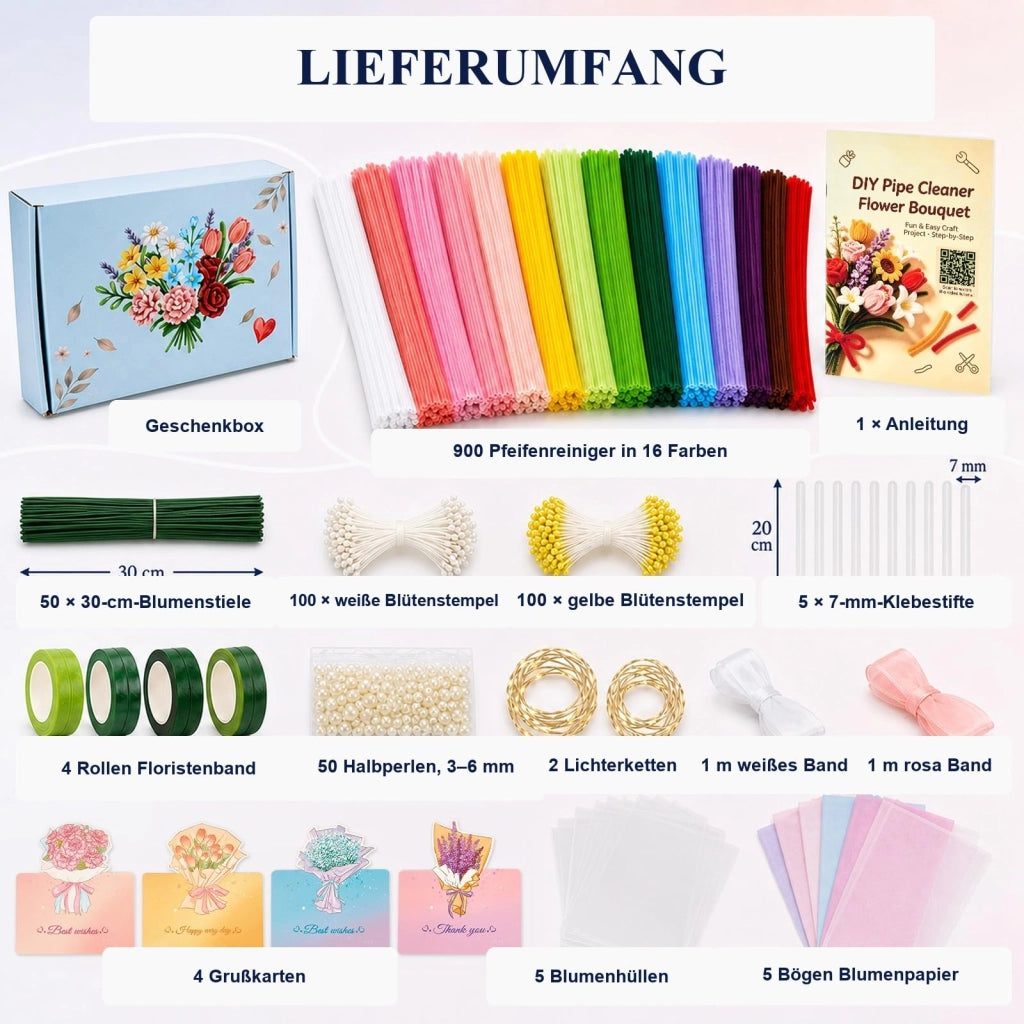 Set di 900 scovolini per fiori, 16 colori, filo di ciniglia, kit per lavoretti