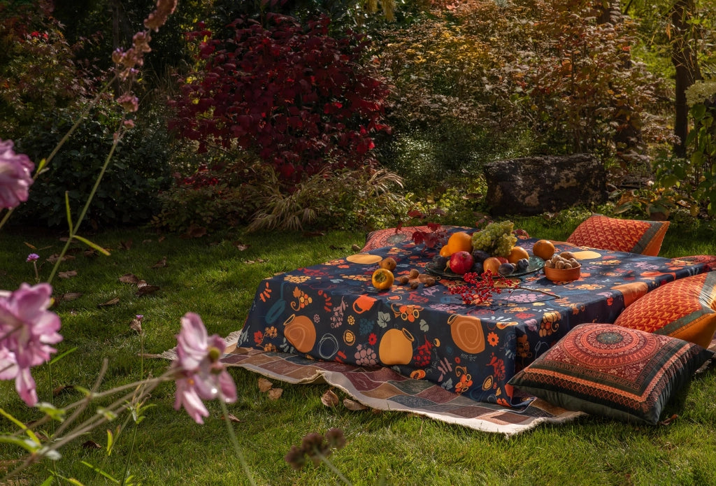 Tovaglia Qvevri, motivo vino, 210x140 cm, cotone, blu